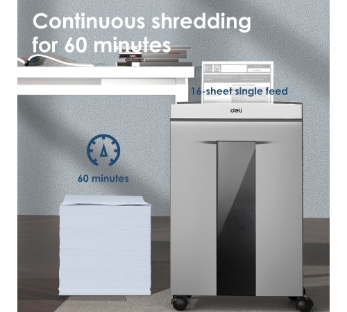 Шредер Deli ET096 серый с автоподачей (секр.P-5) фрагменты 16лист. 30лтр. скрепки скобы пл.карты CD