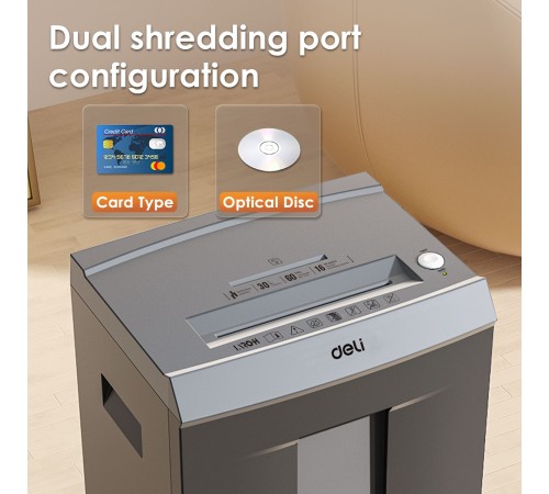 Шредер Deli ET096 серый с автоподачей (секр.P-5) фрагменты 16лист. 30лтр. скрепки скобы пл.карты CD