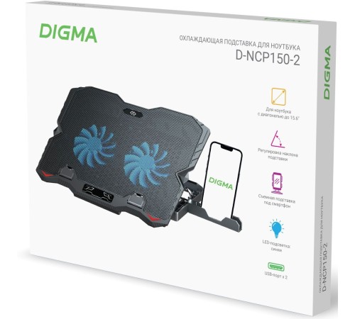Подставка для ноутбука Digma D-NCP150-2 15.6"360x260x27мм 38дБ 2xUSB 2x 120ммFAN 650г металл/пластик черный