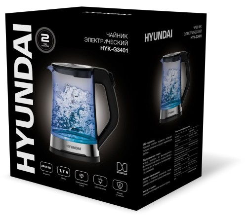 Чайник электрический Hyundai HYK-G3401 1.7л. 2200Вт черный/серебристый (корпус: стекло) Чайник электрический Hyundai HYK-G3401 1.7л. 2200Вт черный/серебристый (корпус: стекло)