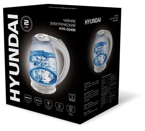 Чайник электрический Hyundai HYK-G2409 1.7л. 2200Вт белый/серебристый (корпус: стекло) Чайник электрический Hyundai HYK-G2409 1.7л. 2200Вт белый/серебристый (корпус: стекло)