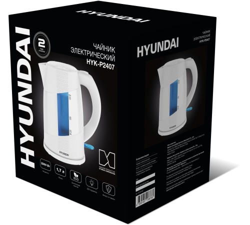 Чайник электрический Hyundai HYK-P2407 1.7л. 2200Вт белый/голубой (корпус: пластик) Чайник электрический Hyundai HYK-P2407 1.7л. 2200Вт белый/голубой (корпус: пластик)