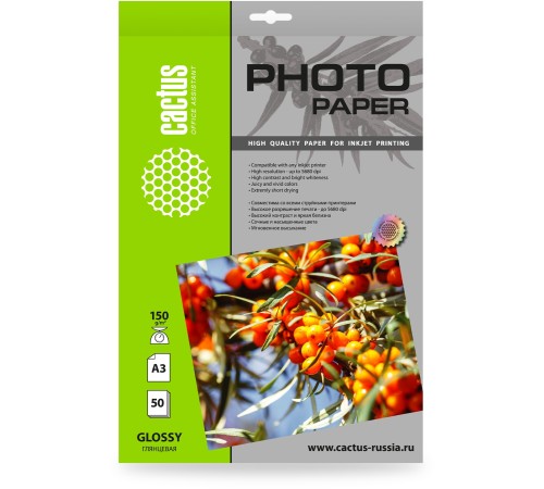 Фотобумага Cactus CS-GA315050, A3, для струйной печати, 50л, 150г/м2, белый, покрытие глянцевое Фотобумага Cactus CS-GA315050, A3, для струйной печати, 50л, 150г/м2, белый, покрытие глянцевое