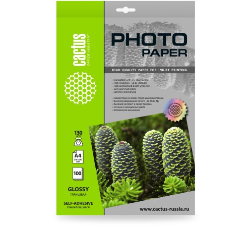 Фотобумага Cactus CS-GSA4130100, A4, для струйной печати, 100л, 130г/м2, покрытие глянцевое Фотобумага Cactus CS-GSA4130100, A4, для струйной печати, 100л, 130г/м2, покрытие глянцевое