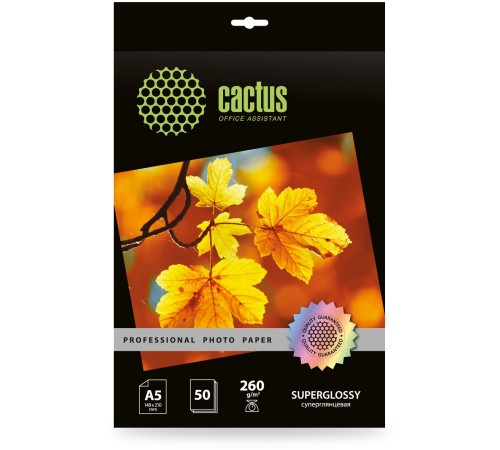 Фотобумага Cactus Prof, A5, для струйной печати, 50л, 260г/м2, белый, покрытие глянцевое [cs-hga526050]