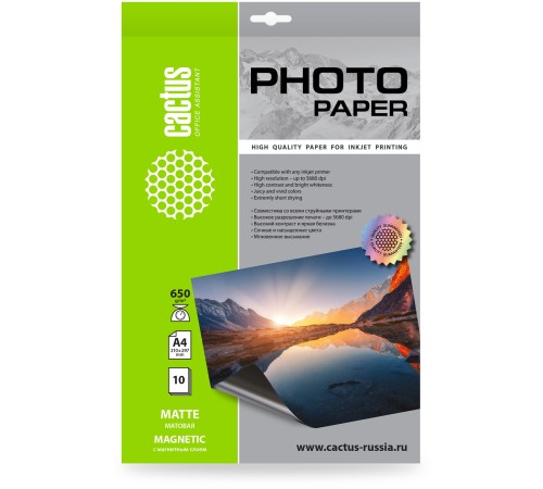 Фотобумага Cactus CS-MMA465010, A4, для струйной печати, 10л, 650г/м2, белый, покрытие матовое /магнитный слой Фотобумага Cactus CS-MMA465010, A4, для струйной печати, 10л, 650г/м2, белый, покрытие матовое /магнитный слой