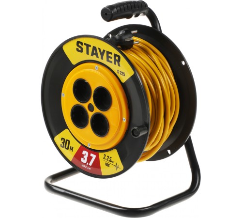 Удлинитель силовой Stayer 55070-30 2x2.5кв.мм 4розет. 30м ПВС 10A катушка желтый Удлинитель силовой Stayer 55070-30 2x2.5кв.мм 4розет. 30м ПВС 10A катушка желтый