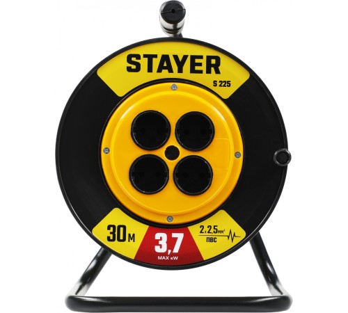Удлинитель силовой Stayer 55070-30 2x2.5кв.мм 4розет. 30м ПВС 10A катушка желтый Удлинитель силовой Stayer 55070-30 2x2.5кв.мм 4розет. 30м ПВС 10A катушка желтый