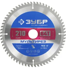 Диск пильный по алюм./дер./ЛДСП Зубр 36907-210-30-64_z01 d=210мм d(посад.)=30мм (торцовочные пилы)
