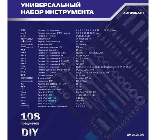 Набор инструментов Autovirazh AV-212108 108 предметов (жесткий кейс)