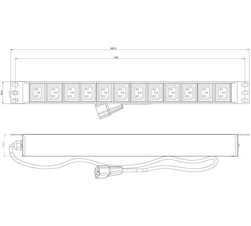 Hyperline SHE19-12IEC-2.5IEC Блок розеток для 19" шкафов, горизонтальный, 12xIEC 320 C13, 10A, 250В, кабель питания 3х1.0мм2, длина 2.5 м, с вилкой IEC 320 C14, 482.6x44.4x44.4мм (ДхШхВ)