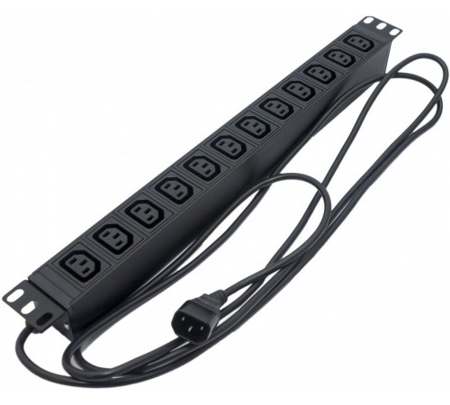 Hyperline SHE19-12IEC-2.5IEC Блок розеток для 19" шкафов, горизонтальный, 12xIEC 320 C13, 10A, 250В, кабель питания 3х1.0мм2, длина 2.5 м, с вилкой IEC 320 C14, 482.6x44.4x44.4мм (ДхШхВ)