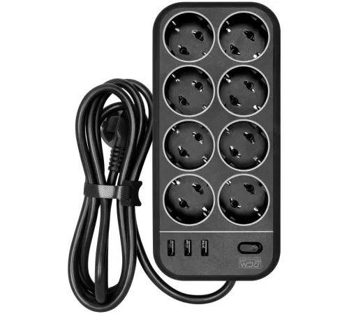 Сетевой фильтр Powercom SP-08 USB03AB 1,8 m 1.8м (8 розеток) черный (коробка)