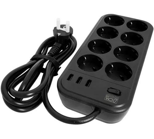 Сетевой фильтр Powercom SP-08 USB03AB 1,8 m 1.8м (8 розеток) черный (коробка)