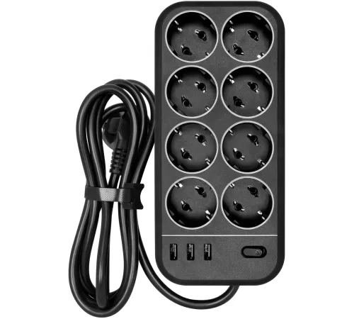 Сетевой фильтр Powercom SP-08 USB03AB 3,0 m 3.0м (8 розеток) черный (коробка)