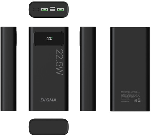 Мобильный аккумулятор Digma DGPF20A 20000mAh QC3.0/PD3.0 22.5W 3A 2xUSB-A/USB-C черный (DGPF20A22PBK)