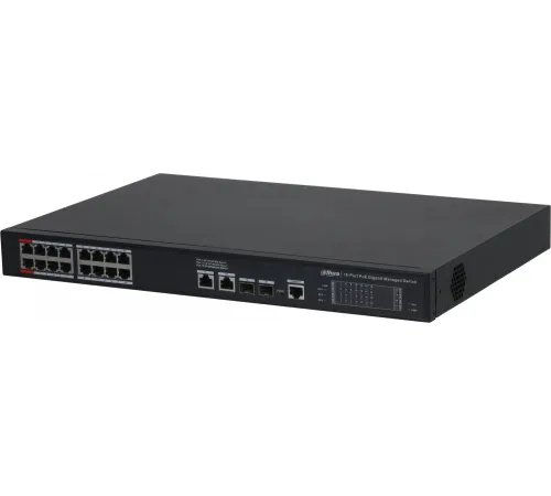 DAHUA DH-S4220-16GT-240 20-портовый гигабитный управляемый коммутатор с PoE, уровень L2, 16xRJ45 1Gb PoE, 2xRJ45 1Gb, 2xSFP 1Gb, суммарно до 240Вт, коммутация 56 Гбит/с, MAC-таблица 8к, металл