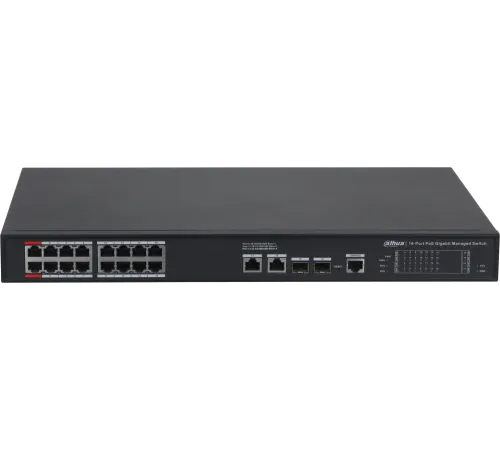 DAHUA DH-S4220-16GT-240 20-портовый гигабитный управляемый коммутатор с PoE, уровень L2, 16xRJ45 1Gb PoE, 2xRJ45 1Gb, 2xSFP 1Gb, суммарно до 240Вт, коммутация 56 Гбит/с, MAC-таблица 8к, металл