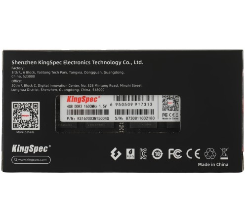 Память DDR3 4GB 1600MHz Kingspec KS1600D3N15004G RTL PC3-12800 CL11 SO-DIMM 240-pin 1.5В single rank Ret