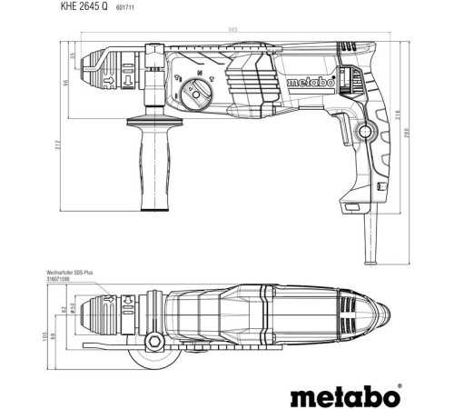Перфоратор Metabo KHE 2645 Q патрон:SDS-plus уд.:2.9Дж 850Вт (кейс в комплекте) Перфоратор Metabo KHE 2645 Q патрон:SDS-plus уд.:2.9Дж 850Вт (кейс в комплекте)