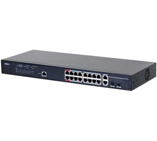 Сетевое оборудование DAHUA 16-портовый гигабитный управляемый коммутатор с PoE, уровень L2Порты: 16 RJ45 10/100/1000Мбит/с (PoE/PoE+/Hi-PoE/IEEE802.3bt), 2 комбинированных SFP/RJ45 (uplink); мощность PoE: порты 1~2 до 90 (DH-PFS4218-16GT-130)