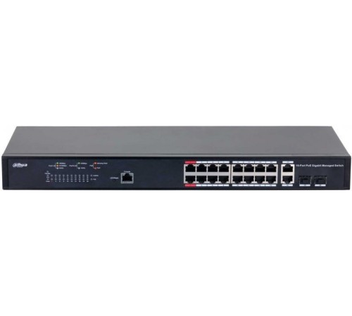 Сетевое оборудование DAHUA 16-портовый гигабитный управляемый коммутатор с PoE, уровень L2Порты: 16 RJ45 10/100/1000Мбит/с (PoE/PoE+/Hi-PoE/IEEE802.3bt), 2 комбинированных SFP/RJ45 (uplink); мощность PoE: порты 1~2 до 90 (DH-PFS4218-16GT-130)