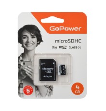 Карта памяти microSD GoPower 4GB Class10 15 МБ/сек V10 с адаптером GoPower 00-00025672