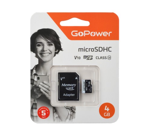 Карта памяти microSD GoPower 4GB Class10 15 МБ/сек V10 с адаптером GoPower 00-00025672 Карта памяти microSD GoPower 4GB Class10 15 МБ/сек V10 с адаптером GoPower 00-00025672