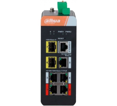 DAHUA DH-IS4207-4GT-120 4-портовый гигабитный управляемый коммутатор с PoE, промышленное исполнение, 4xRJ45 1Gb, 1xRJ45 1Gb, 2xSFP 1Gb