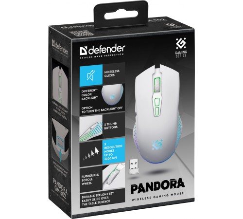 Мышь Defender Pandora GM-502 белый оптическая (3200dpi) silent беспроводная USB (6but)