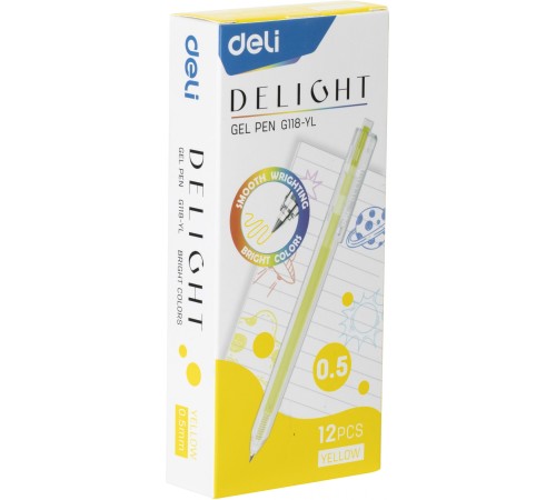 Набор ручек гелев. автоматическая Deli Delight (EG118-YL-P) прозрачный жел. черн. кор.карт. (12шт) линия 0.5мм