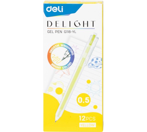 Набор ручек гелев. автоматическая Deli Delight (EG118-YL-P) прозрачный жел. черн. кор.карт. (12шт) линия 0.5мм