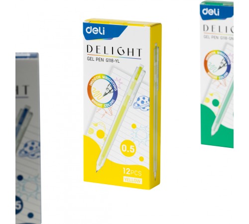 Набор ручек гелев. автоматическая Deli Delight (EG118-YL-P) прозрачный жел. черн. кор.карт. (12шт) линия 0.5мм