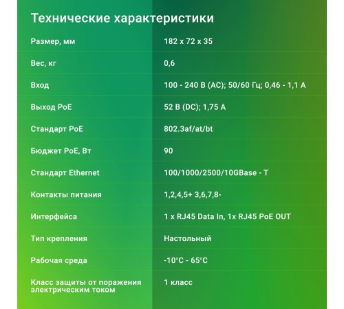 Инжектор PoE Digma DNP90W52GWXM 100/1000/2500/10GBASE-T 90Вт 100-240В(АС) Инжектор PoE Digma DNP90W52GWXM 100/1000/2500/10GBASE-T 90Вт 100-240В(АС)