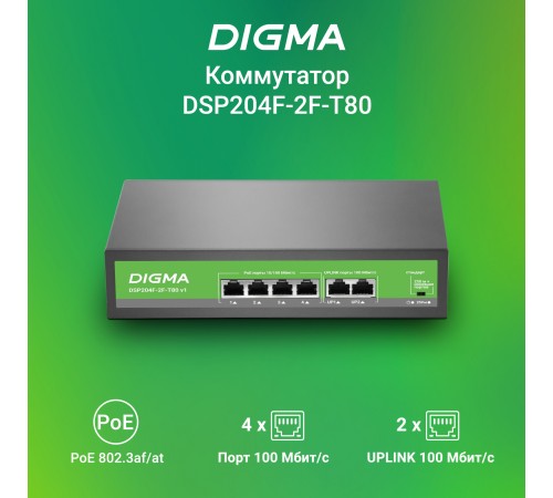 Коммутатор Digma DSP204F-2F-T80 DSP204F-2F-T80 V1 (L2) 6x100Мбит/с 4PoE 4PoE+ 80W неуправляемый Коммутатор Digma DSP204F-2F-T80 DSP204F-2F-T80 V1 (L2) 6x100Мбит/с 4PoE 4PoE+ 80W неуправляемый