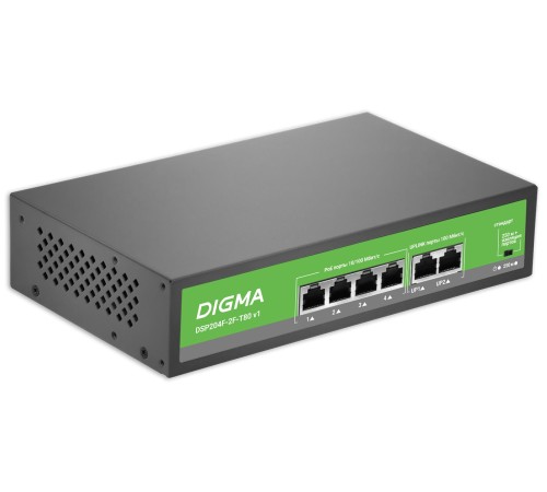 Коммутатор Digma DSP204F-2F-T80 DSP204F-2F-T80 V1 (L2) 6x100Мбит/с 4PoE 4PoE+ 80W неуправляемый Коммутатор Digma DSP204F-2F-T80 DSP204F-2F-T80 V1 (L2) 6x100Мбит/с 4PoE 4PoE+ 80W неуправляемый