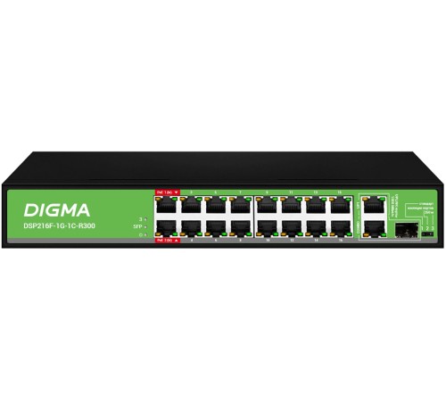 Коммутатор Digma DSP216F-1G-1C-R300 (L2) 16x100Мбит/с 1x1Гбит/с 1xКомбо(1000BASE-T/SFP) 16PoE 16PoE+ 2PoE++ 300W неуправляемый Коммутатор Digma DSP216F-1G-1C-R300 (L2) 16x100Мбит/с 1x1Гбит/с 1xКомбо(1000BASE-T/SFP) 16PoE 16PoE+ 2PoE++ 300W неуправляемый