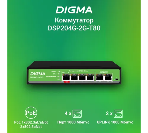 Коммутатор Digma DSP204G-2G-T80 6x1Гбит/с 4PoE 4PoE+ 1PoE++ 80W неуправляемый