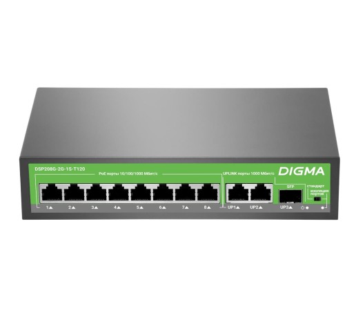 Коммутатор Digma DSP208G-2G-1S-T120 (L2) 10x1Гбит/с 1SFP 8PoE 8PoE+ 120W неуправляемый