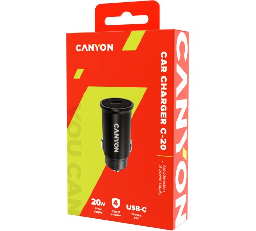 Автомобильное зар./устр. Canyon CNS-CCA20B 20W 3A (PD+QC) USB Type-C универсальное черный Автомобильное зар./устр. Canyon CNS-CCA20B 20W 3A (PD+QC) USB Type-C универсальное черный