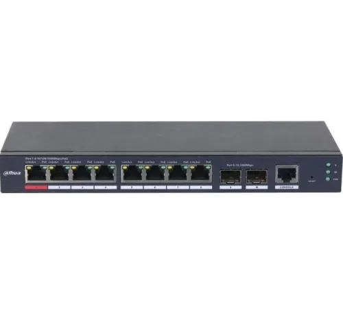 DAHUA DH-S4210-8GT-110 8-портовый гигабитный управляемый коммутатор с PoE, уровень L2, 1xRJ45 1Gb (Hi-PoE), 7xRJ45 1Gb, 2xSFP 1Gb