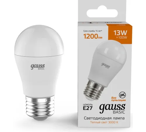Лампа светодиодная Gauss Basic 13Вт цок.:E27 шар св.свеч.теп.св./дневн. (10502132) Лампа светодиодная Gauss Basic 13Вт цок.:E27 шар св.свеч.теп.св./дневн. (10502132)