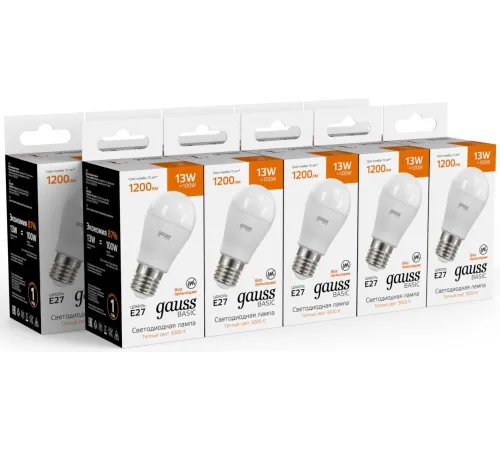 Лампа светодиодная Gauss Basic 13Вт цок.:E27 шар св.свеч.теп.св./дневн. (10502132) Лампа светодиодная Gauss Basic 13Вт цок.:E27 шар св.свеч.теп.св./дневн. (10502132)