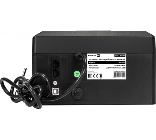 Exegate EX295013RUS ИБП ExeGate NEO Smart LHB-650.LCD.AVR.8SH.CH.RJ.USB <650VA/390W, LCD, AVR, 8*Schuko, RJ45/11, USB, 4*USB-порта для зарядки, Black>