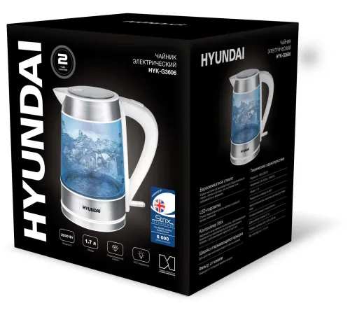 Чайник электрический Hyundai HYK-G3606 1.7л. 2200Вт белый/прозрачный (корпус: стекло)