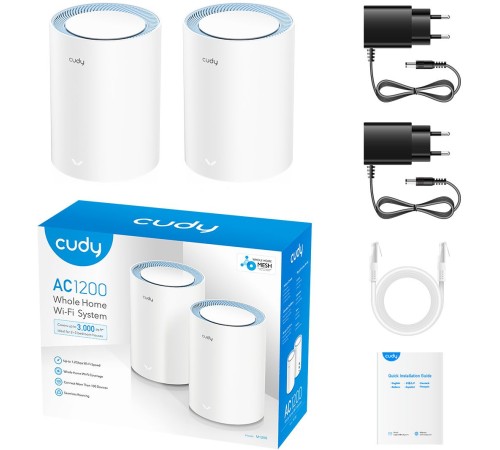Бесшовный Mesh роутер Cudy M1200 (M1200 2-PACK) AC1200 Wi-Fi белый (упак.:2шт) Бесшовный Mesh роутер Cudy M1200 (M1200 2-PACK) AC1200 Wi-Fi белый (упак.:2шт)