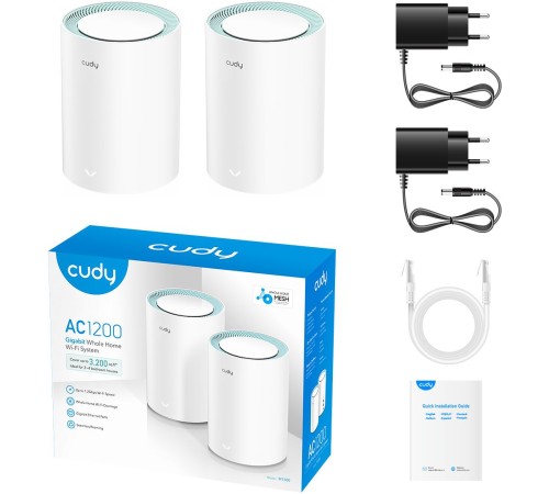 Бесшовный Mesh роутер Cudy M1300 (M1300 2-PACK) AC1200 10/100/1000BASE-TX/Wi-Fi белый (упак.:2шт)