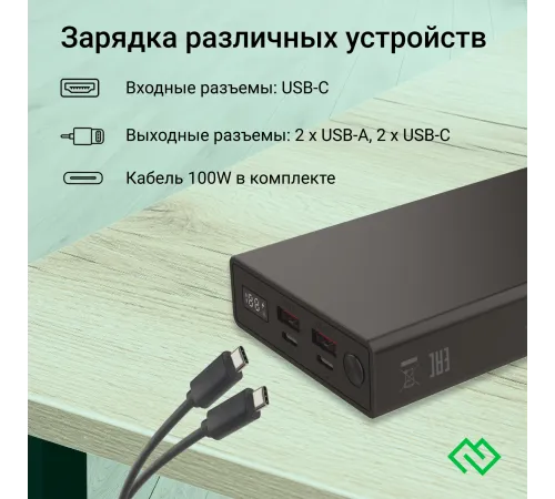 Мобильный аккумулятор Digma DGPD100WA 20000mAh QC3.0/PD3.0 100W 5A 2xUSB-A/2xUSB-C черный (DGPD20A100ABK)