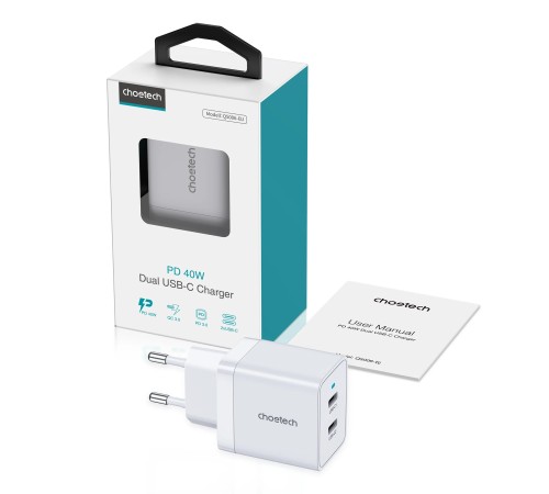 Сетевое зар./устр. Choetech Q5006-EU 40W 3A (PD) 2xUSB type-C универсальное белый (Q5006-EU-WH)