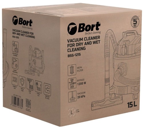 Bort Пылесос для сухой и влажной уборки BSS-1215 {бак 15 л; 1200 Вт;  шланг 2 м; всасывание 260 Вт; Уровень шума 78 дБ; Вес 5,6 кг; Напряжение 220 В; аксессуаров 11 шт, гарантия 2 г} [93417784]